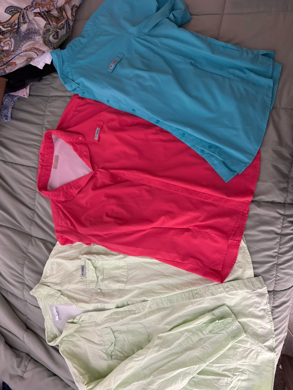 Columbia Women's Button-Down Shirts in Aqua, Bright Pink, and Light Green